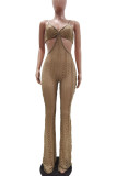 Khaki Sexy Solid Hollowed Out Patchwork Spaghetti Strap Boot Cut Jumpsuits