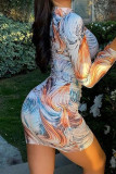 Bruine sexy print patchwork halve coltrui A-lijn jurken