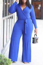 Blauwe casual effen bandage V-hals jumpsuits in grote maten