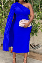 Bleu Royal décontracté solide Patchwork pli asymétrique col Oblique robes droites