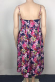 Rose Red Casual Print Patchwork Spaghetti Strap Sling Dress Plus Size Kleider