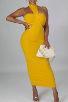 Yellow Sexy Solid Hollowed Out Split Joint Half A Turtleneck Pencil Skirt Dresses