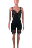 Black Sexy Solid Split Joint See-through Spaghetti Strap Skinny Jumpsuits