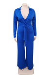 Blauwe casual effen bandage V-hals jumpsuits in grote maten