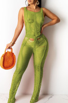 Grüne, sexy, solide, ausgehöhlte, durchsichtige, gerade Jumpsuits mit O-Ausschnitt und Patchwork