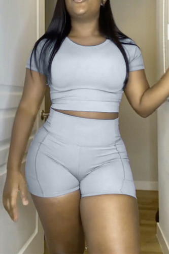 Grey Sportswear Solid Patchwork O Neck Short Sleeve Two Pieces