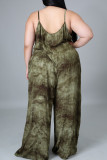 Army Green Casual Print Patchwork Spaghetti Strap Plus Size Jumpsuits