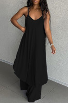 Black Sexy Casual Solid Asymmetrical Spaghetti Strap Long Dress