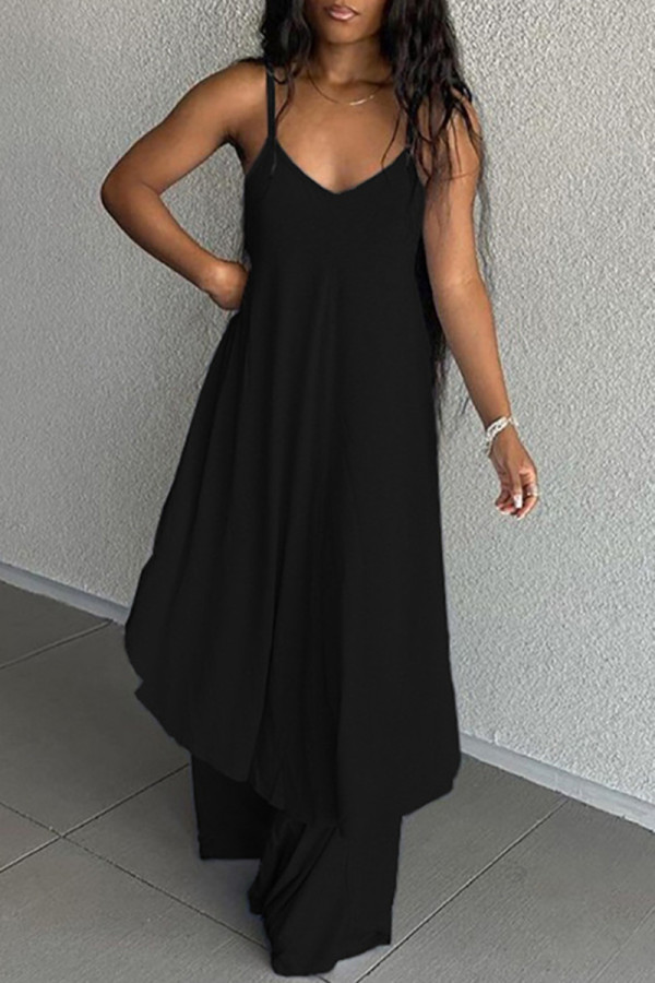 Zwarte sexy casual effen asymmetrische lange jurk met spaghettibandjes