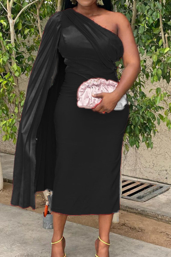 Zwart casual effen patchwork vouw asymmetrische schuine kraag rechte jurken