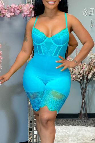 Blue Sexy Solid Split Joint See-through Spaghetti Strap Skinny Jumpsuits