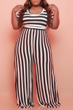 Tangerine Red Casual Striped Patchwork O Neck Plus Size Two Pieces