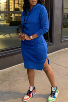 ブルー ファッション カジュアル ソリッド スリット フード付きカラー ロング スリーブ ドレス