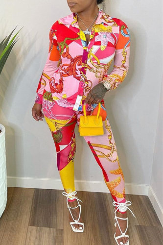 Red Fashion Casual Print Basic Turndown Collar Long Sleeve Two Pieces