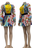 Multicolor Street Print Patchwork Turndown Collar Long Sleeve Two Pieces