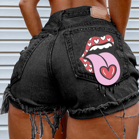 Black Casual Print Mid Waist Skinny Denim Shorts