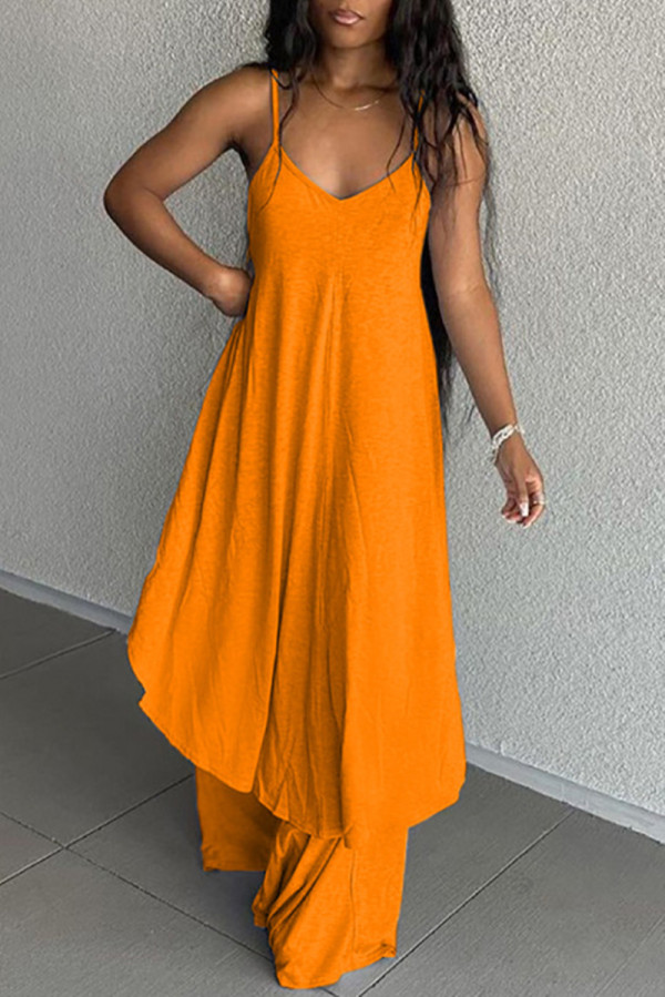 Oranje sexy casual effen asymmetrische lange jurk met spaghettibandjes
