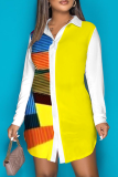 Robes chemise décontractées jaune et blanc, bloc de couleurs, patchwork, col rabattu
