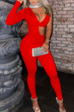 Red Sexy Solid Hollowed Out Sequins Patchwork Asymmetrical Half A Turtleneck Skinny Jumpsuits