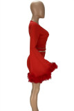 Красный модный сексуальный однотонный леопардовый пэчворк с V-образным вырезом и длинным рукавом из двух предметов