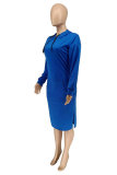 Vestidos de manga comprida com gola com capuz e fenda azul moda casual