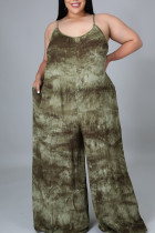 Army Green Casual Print Patchwork Spaghetti Strap Plus Size Jumpsuits