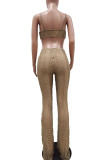 Khaki Sexy Solid Hollowed Out Patchwork Spaghetti Strap Boot Cut Jumpsuits