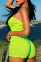 Fluorescent Green Sexy Solid Patchwork Tube Jumpsuits Strapless Skinny Rompers