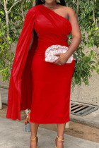 Rode casual effen patchwork vouw asymmetrische schuine kraag rechte jurken