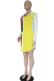 Gelb-weißes, lässiges Farbblock-Patchwork-Hemdkleid mit Umlegekragen