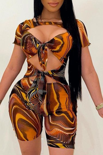 Tangerine Red Sexy Print Hollowed Out V Neck Skinny Rompers