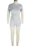 Grey Sportswear Solid Patchwork O Neck Short Sleeve Two Pieces