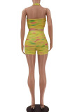 Yellow Casual Print Hollowed Out Patchwork Halter Sleeveless Two Pieces