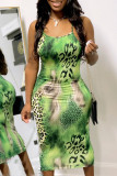 Groene mode sexy print U-hals lange jurk