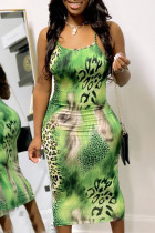 グリーンファッションセクシープリントUネックロングドレス