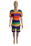 Rainbow Color Fashion Casual Striped Print Basic O Neck Plus Size Two Pieces
