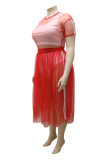 Rose Red Casual Solid Mesh O Neck Cake Skirt Plus Size Two Pieces