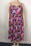Rose Red Casual Print Patchwork Spaghetti Strap Sling Dress Plus Size Dresses
