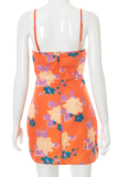 Tangerine Red Sexy Print Patchwork Spaghetti Strap Pencil Jupe Robes