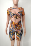 Tangerine Red Sexy Print Hollowed Out V Neck Skinny Rompers