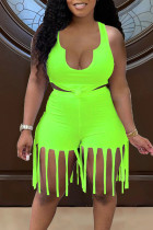 Fluorescent Green Sexy Solid Tassel Patchwork Asymmetrical Collar Sleeveless Two Pieces