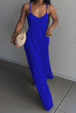 Blauwe sexy casual effen asymmetrische lange jurk met spaghettibandjes