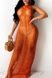 Tangerine Sexy Solid Hollowed Out Patchwork See-through Swimwears Cover Up