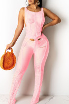 Roze sexy effen uitgeholde patchwork doorzichtige rechte jumpsuits met O-hals