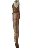 Brown Sexy Solid Hollowed Out Patchwork See-through O Neck Straight Jumpsuits
