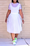 Falda de pastel de cuello redondo de malla sólida informal blanca de talla grande de dos piezas