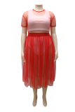 Rose Red Casual Solid Mesh O Neck Cake Skirt Plus Size Two Pieces