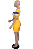 Yellow Sexy Casual Striped Basic O Neck Short Sleeve Two Pieces
