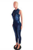 カウボーイ ブルー ファッション カジュアル ソリッド リップド ボタン ターンダウン カラー レギュラー ジャンプスーツ