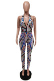 Colour Sexy Casual Print Backless Halter Skinny Jumpsuits